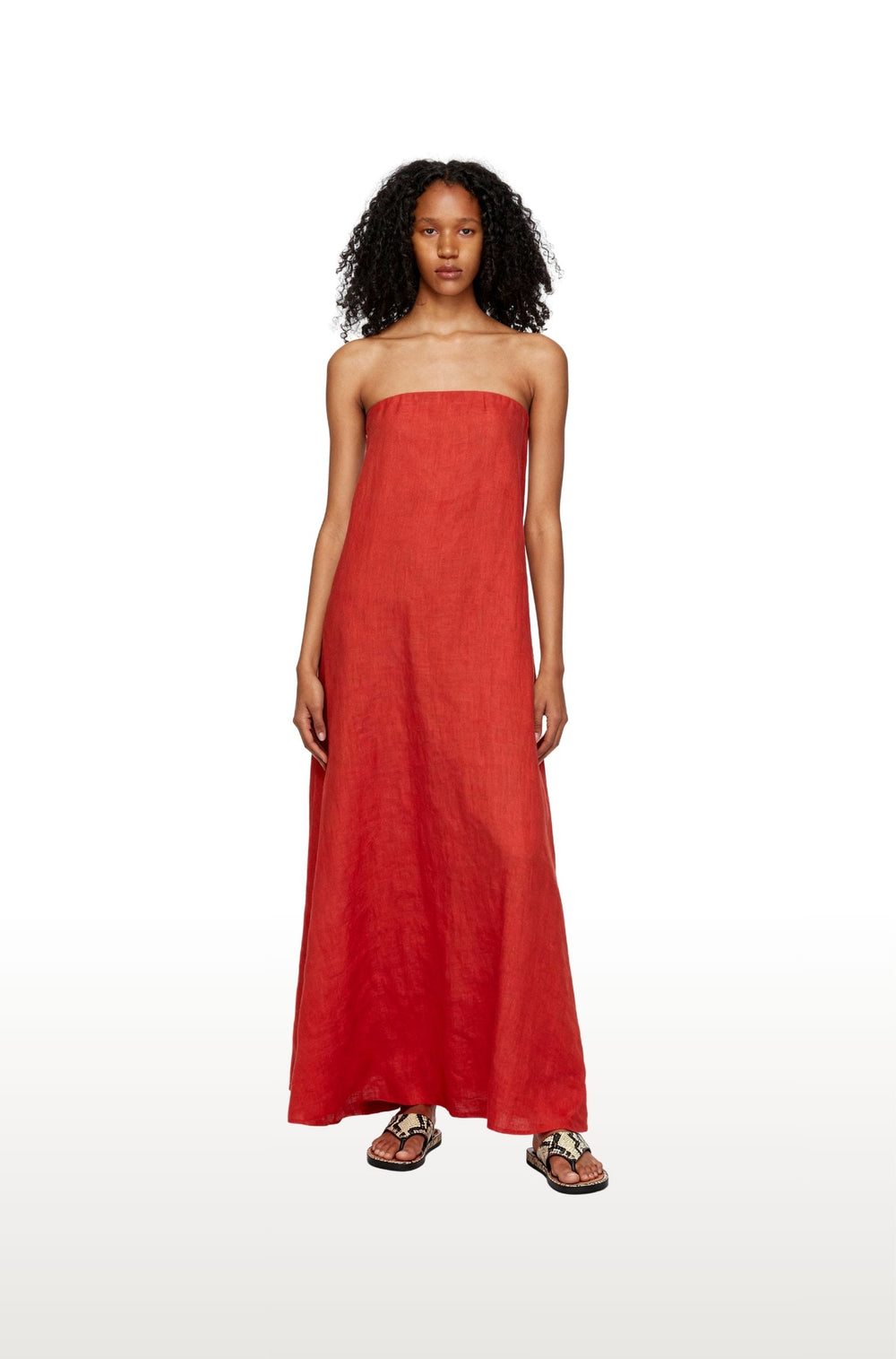 Red Linen Strapless Maxi Dress