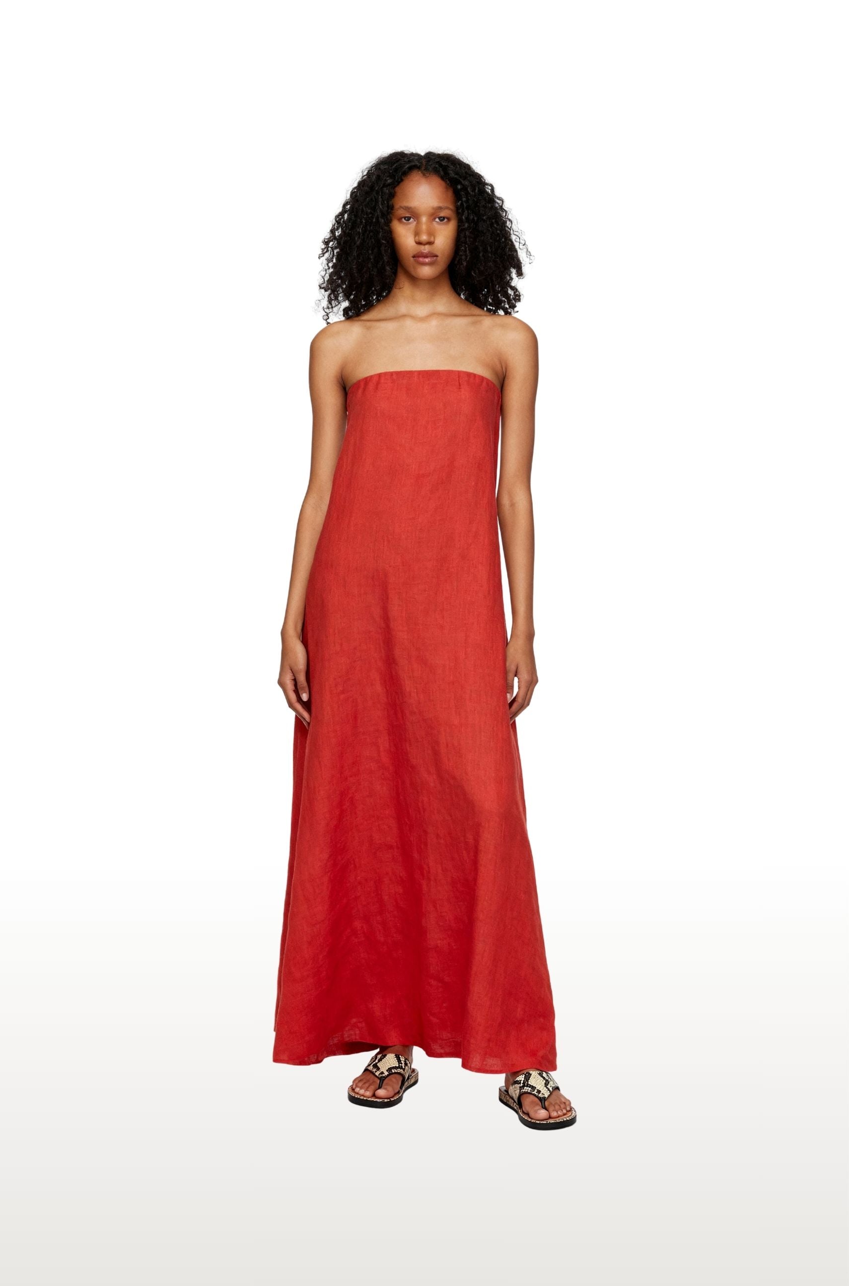 Red Linen Strapless Maxi Dress