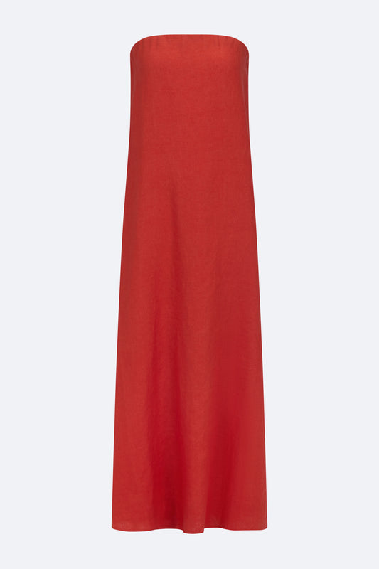 Red Linen Strapless Maxi Dress